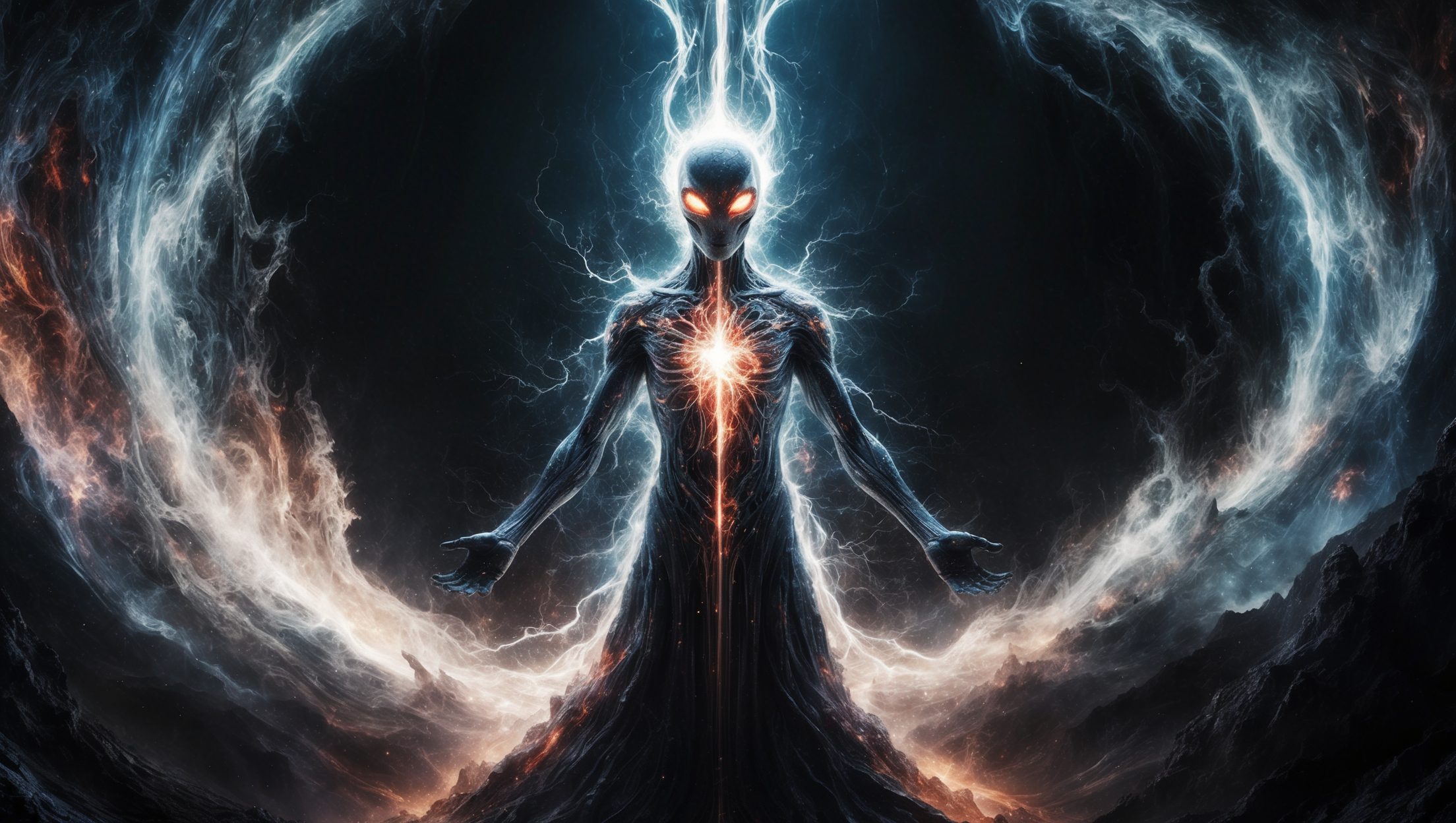 In the starkly illuminated depths of a gothic alien-esque mind upload, a figure composed of swirling cosmic energies pulses with an otherworldly intensity. This haunting scene is captured in a hyper-realistic digital painting, revealing intricate details and intricate patterns that seem to shift and morph with every glance. The vivid colors and textures create a sense of palpable energy, drawing the viewer into a hypnotic trance of mysterious beauty and unfathomable power. Every pixel is meticulously crafted, delivering a stunning visual experience that transcends the boundaries of traditional art forms.