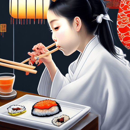 Highest quality, perfect masterpiece, perfect art, 8k, (young girl, eating sushi in a restaurant, urban japanese style, white bandana, kimono with koi fish, environment is a japanese restaurant; the overall color tone is bright; thick coating style, (white hair: 1. 3) , (black background: 1. 3) , pearl illusion, cyberpunk, fashion trends, 3s material, hd, detail performance, c4d, 3d, octane rendering, ray tracing, complex details, animated lighting, ocrenderer, 8k,
