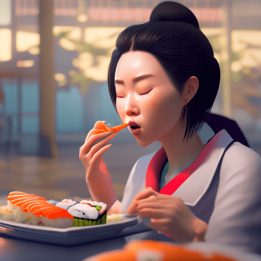 Woman eating sushi, thick coating style, highest quality, perfect masterpiece, perfect art, 8k, unreal engine 5, raytracing, overall tone bright, warm colors, cozy, comfy, hd, detail performance, c4d, 3d, octane rendering, ray tracing, complex details, animated lighting, 8k, fashion trends, 3s material