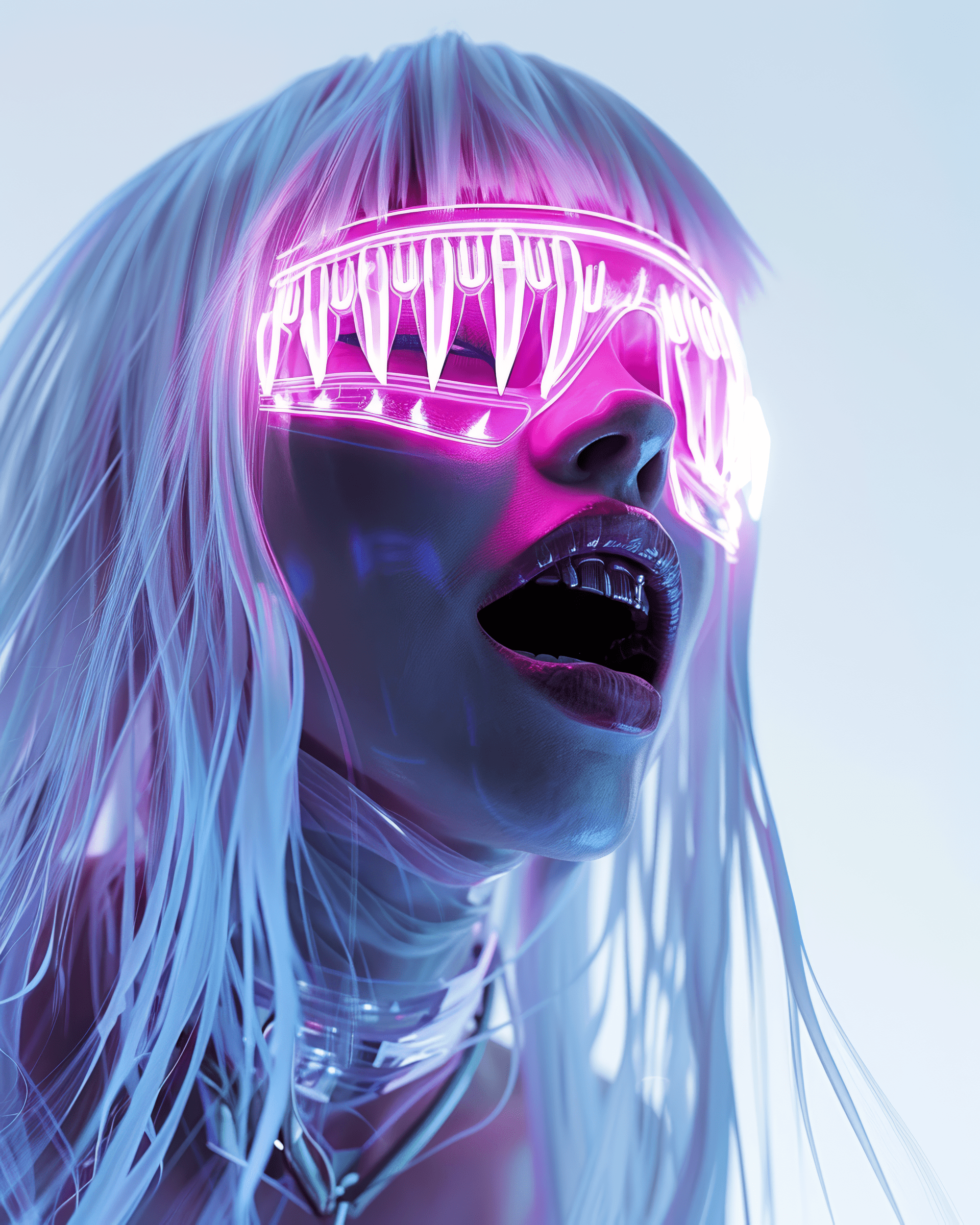 Robotic woman with long metallic fangs as teeth, with a neon pink holographic screen, long white hair, white background, --ar 4:5 --s 250
