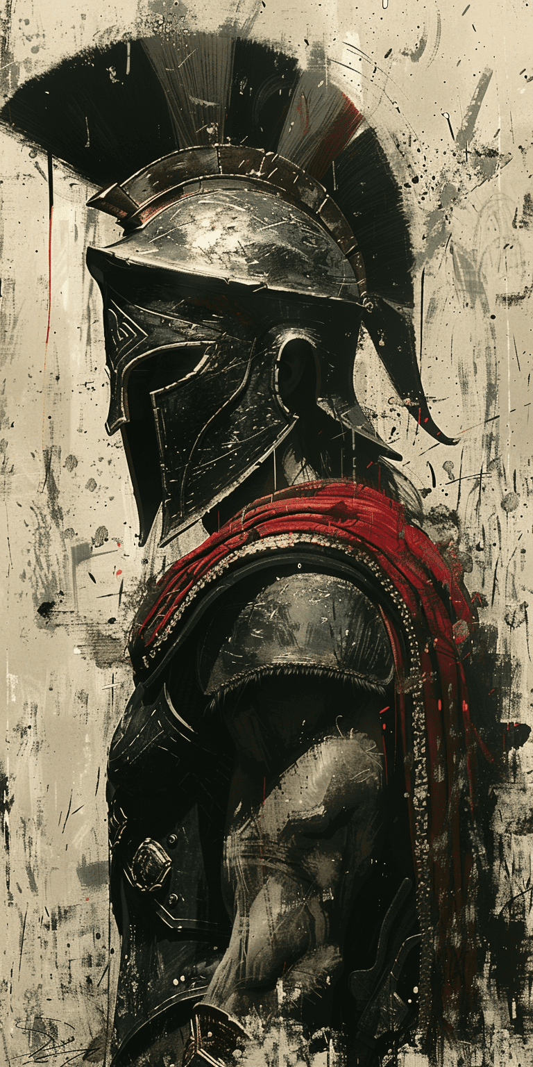Ink painting of an ancient greek soldier in black and white, wearing a helmet with a plume on his head, close-up rendering, colors create depth and realism in the artwork with a background of blurred brushstrokes, in the style of comic book art, intricate details capture facial expressions or armor designs, the artwork highlights various elements such as textures, shapes, shadows, lightings, full body portrait. --ar 1:2 --stylize 750