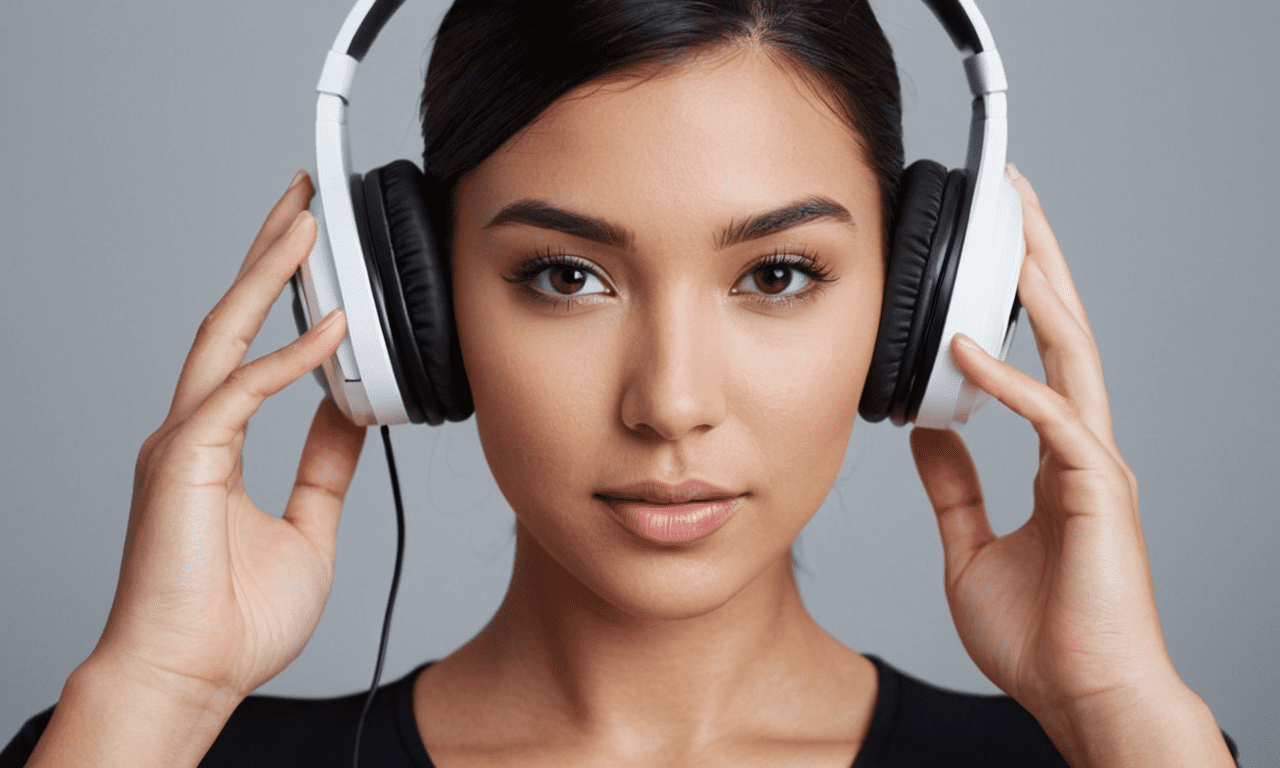 A person holding a pair of headphones in their hand, floating headsets, wearing modern headphone, headset, headphones, with headphones, modernist headphones, with head phones, official product photo, product design shot, product render, full lenght view. White plastic, futuristic product design, wearing a headset, product design render, headphones on, ambient occlusion:3