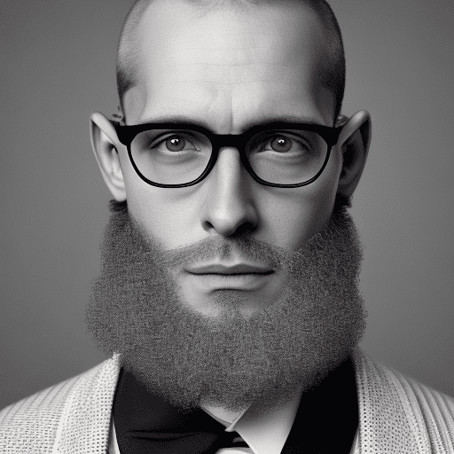 Photograph, front view, professional model, man, shaved hair and neat beard with horn-rimmed glasses, standing on solid grey background photo studio, gaze into the camera, wrinkles on the forehead, by richard avedon style photo, used camera is sony α9 ii with sony fe 100-400mm f/4. 5-5. 6 gm oss lens, wearing left chest big pocket with small logo blank, deep dark blue color loose xl t-shirt, tattoo on the arm, deep washing denim minimal innovative design jogger pants, model is expressed in photography, high contrast --ar 9:16 --style raw --stylize 700 --v 6