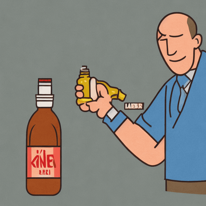 An icon for advertisment containing, a middle aged man holding a bottled drink with a laber saying "kin der" high quality text