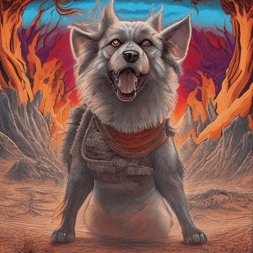 A retro horror comic style poster, of a post apocalyptic universe, in a prehistoric theme setting, in a past parallel universe, of a hungarian mudi dog, extreme color scheme, running down a desert wasteland, into the sunset, highly detailed digital art, highly detailed