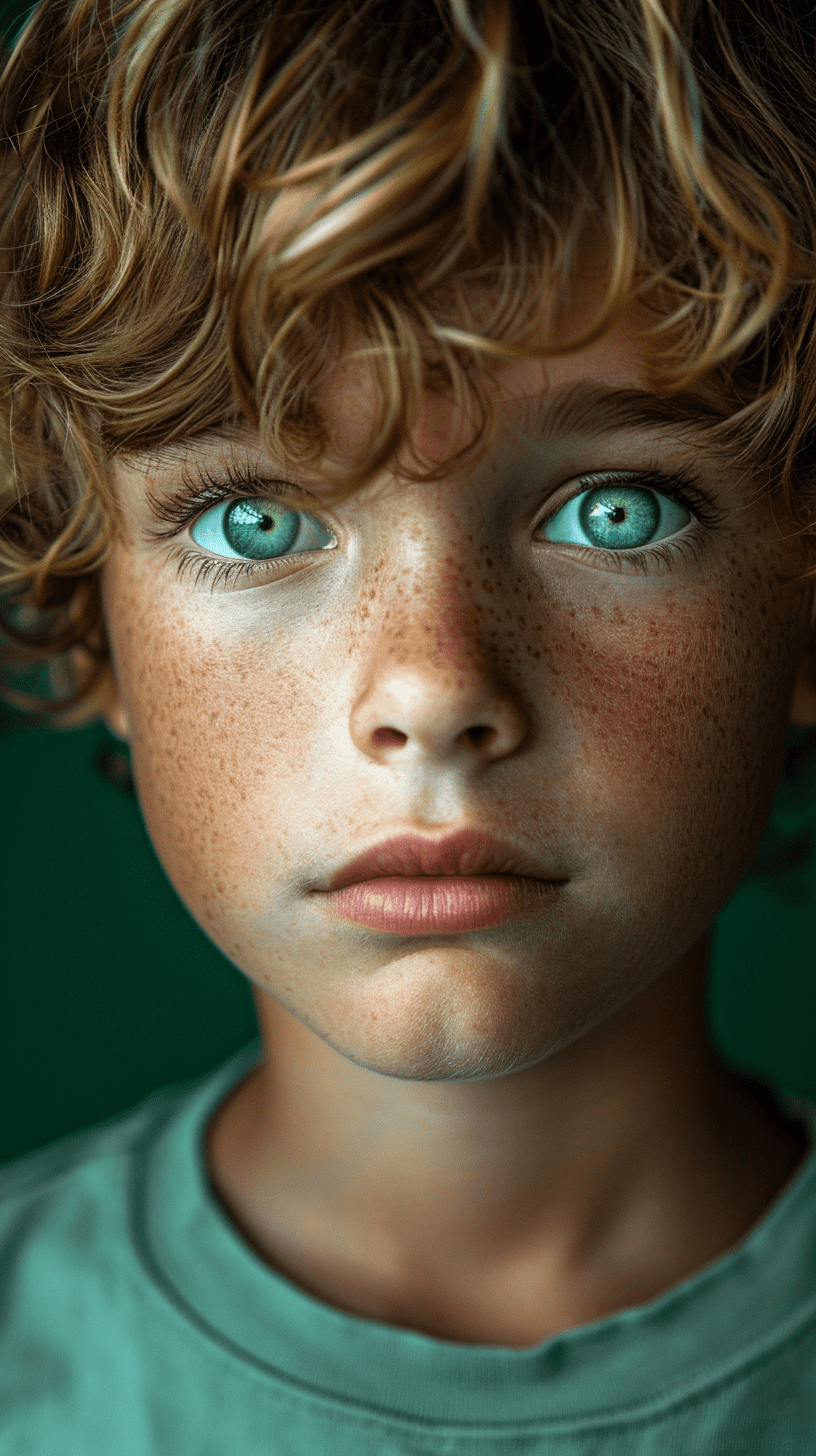Photography, front shot, face close-up, boy model, gaze, background is solid, capturing a model's bright light green eyes, power of contrast, all green hue, face and eyes detailing, creating an intriguing interplay of light and shadow, stands out sharply against the solid green, visualize using a camera setup that mimics a large aperture, f/1. 4, achieve a shallow depth of field, low iso maintains the richness of green color without detail, uhd, many details --ar 9:16 --style raw --stylize 300