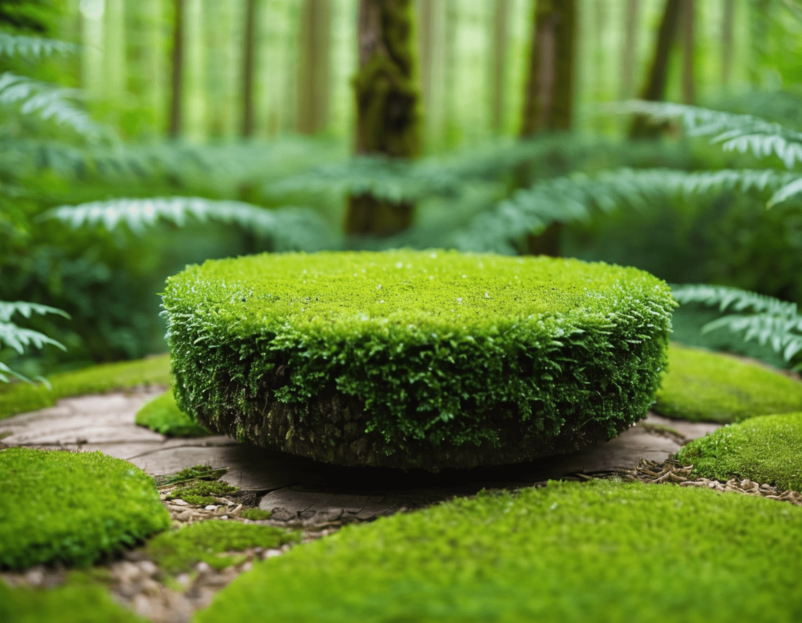A moss-covered rock podium in the nature background, trending on cg society, stage, beautiful day, environmental art, lush plants and bonsai trees, fern, out-of-focus background