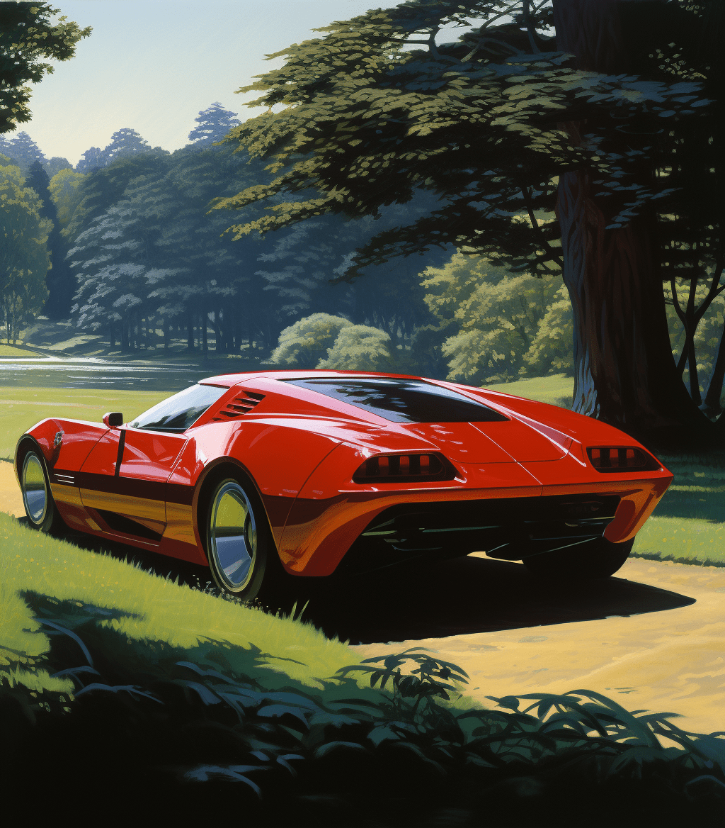 A red 2034 corvette concept car with wide body, high angle shot, grassy field, shadow of trees in background, by syd mead and otomo katsuhiro --ar 7:8 --v 5. 2 --style raw