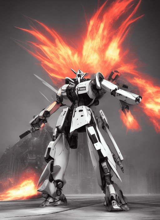 A from software mecha fighting with a gun, flames in background, detailed body, full body, detailed mechanics, white mecha, armored core, hawken, black colored, visor, blur effect, zbrush, armored core, zbrush, glowing eyes, digital 3d, datagraph, hard surface, 24k, digital art, gundam