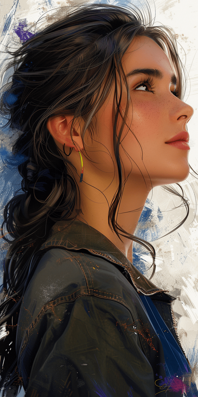 Illustration of a young woman, side profile, in the style of concept art, hint of surrealism --ar 1:2 --stylize 750