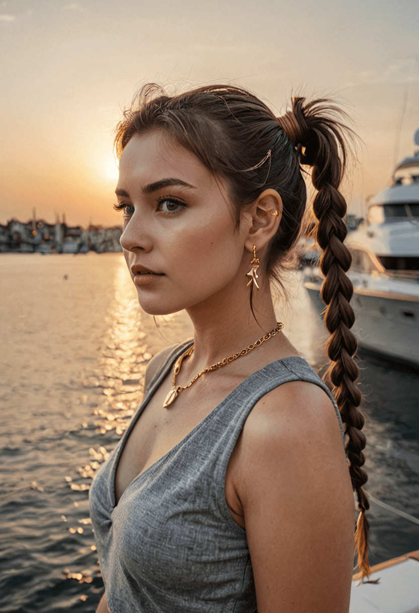 Photograph of a woman with (twintails hair:1. 1) with a touch of formal elegance or quirky charm, light-colored eyes, brunette hair, dressed in gray crop top, gold necklace, gold earrings, light makeup, standing on a yacht, sunset skies, calm water, moored boats, facing away from the viewer, medium shot, eye-level angle, sharp focus, disintegrating moon, broad light, (detailed face:1. 3) , (slightly above:1. 3)