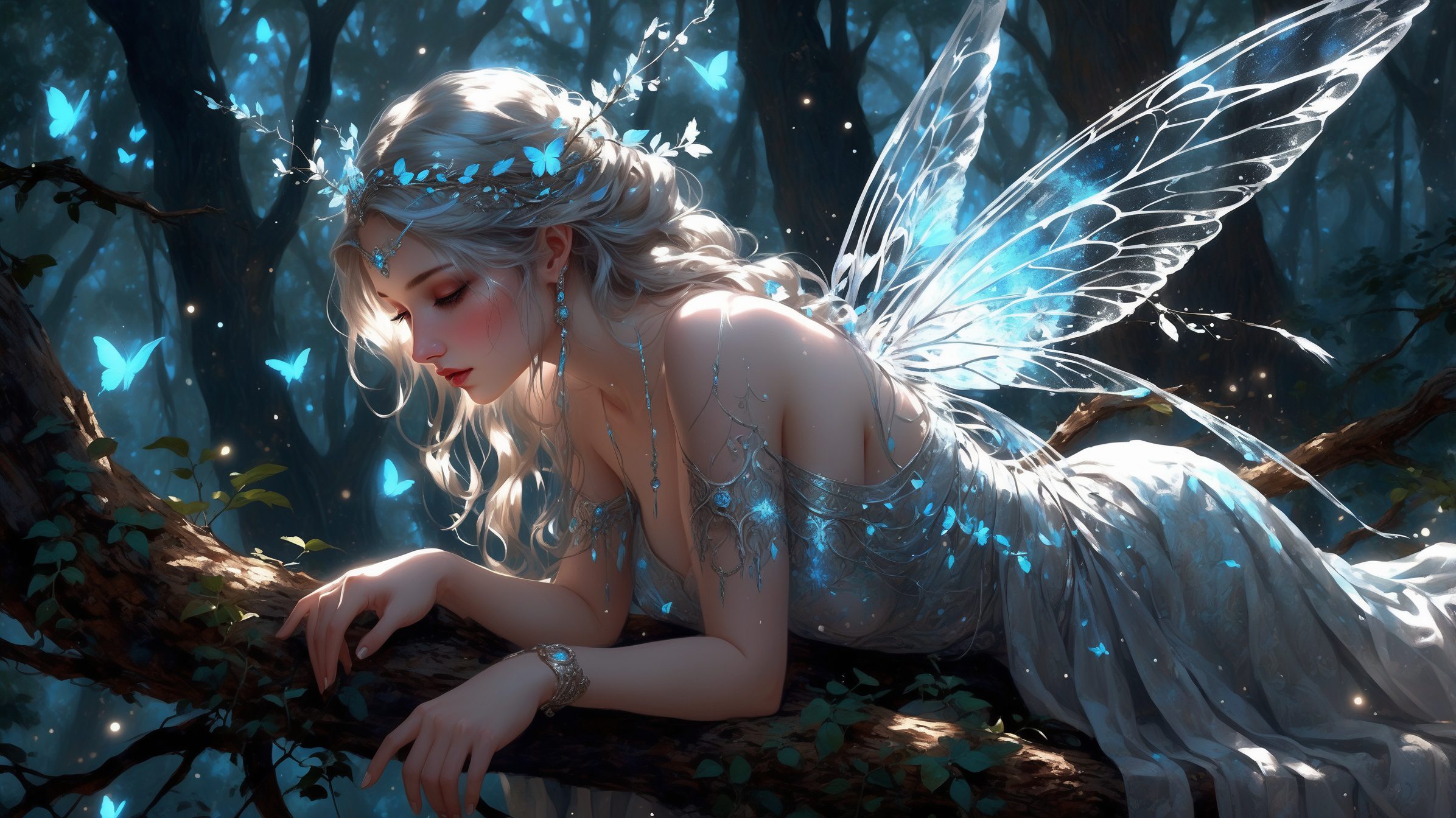 In a misty, moonlit forest, a beautiful elysian nymph emerges from the shadows, her ethereal beauty contrasted by the eerie surroundings. This haunting image is a digital painting, meticulously crafted to convey a sense of otherworldly enchantment. The nymph's translucent form is shrouded in subtle shades of silver and blue, her eyes glowing with a mysterious light. Cascading locks of shimmering, opalescent hair frame her delicate features, while delicate, spectral wings flutter behind her. The overall atmosphere is one of eerie tranquility, capturing the essence of a supernatural being from a realm beyond our own.