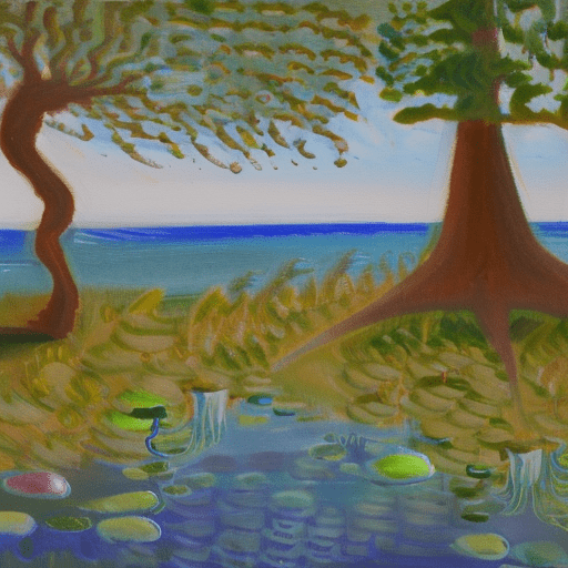 Monet style; a small island of the ocean, a giant pina tree, a wooden house right under it, a giant galleon