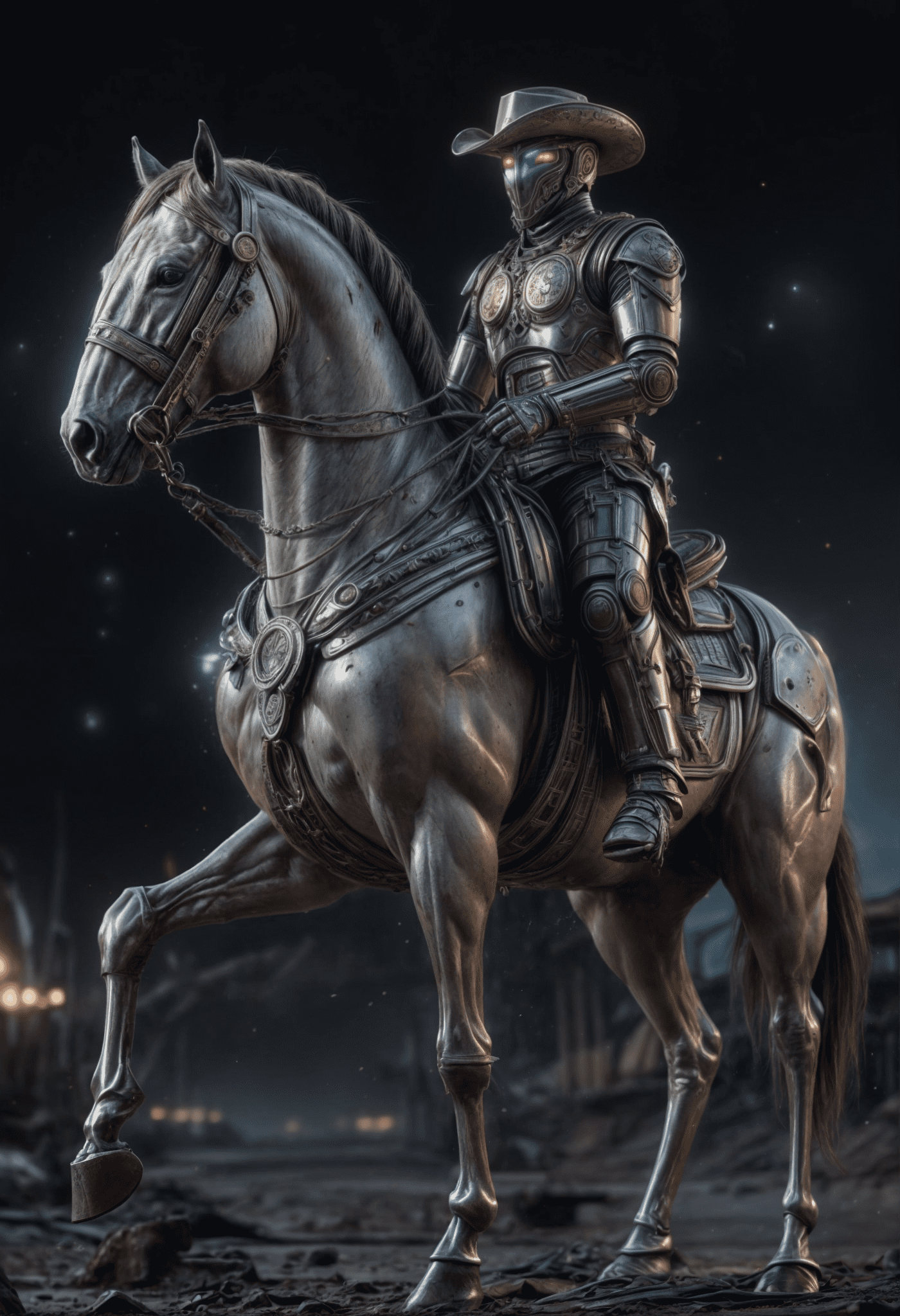Metallic cyborg horse with a cyborg cowboy, retroscifi, beautiful alienplanet , nebulas, moons, dynamic lights, glowing elements, greg rutkowski