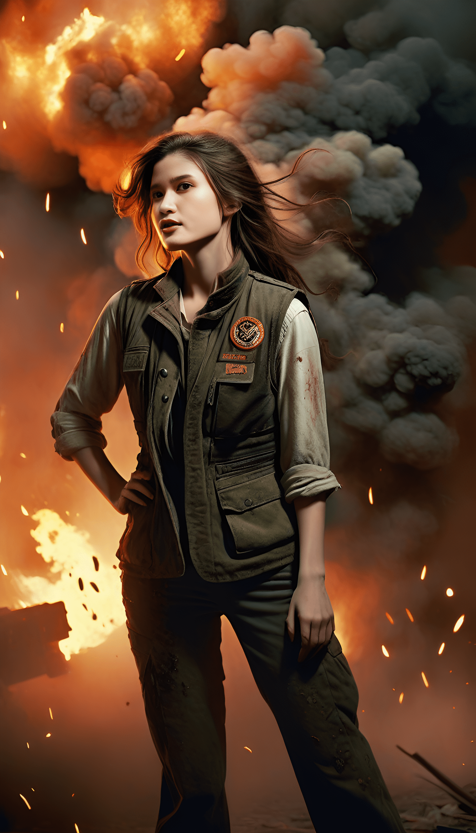 Flowing hair, flawless face, isolated, high quality, bloodstained hands, war ambiance, military vest, intense gaze, dusty battlefield, determined expression, smoke-filled air, dramatic lighting, portrait painting style, vibrant colors, emotional depth