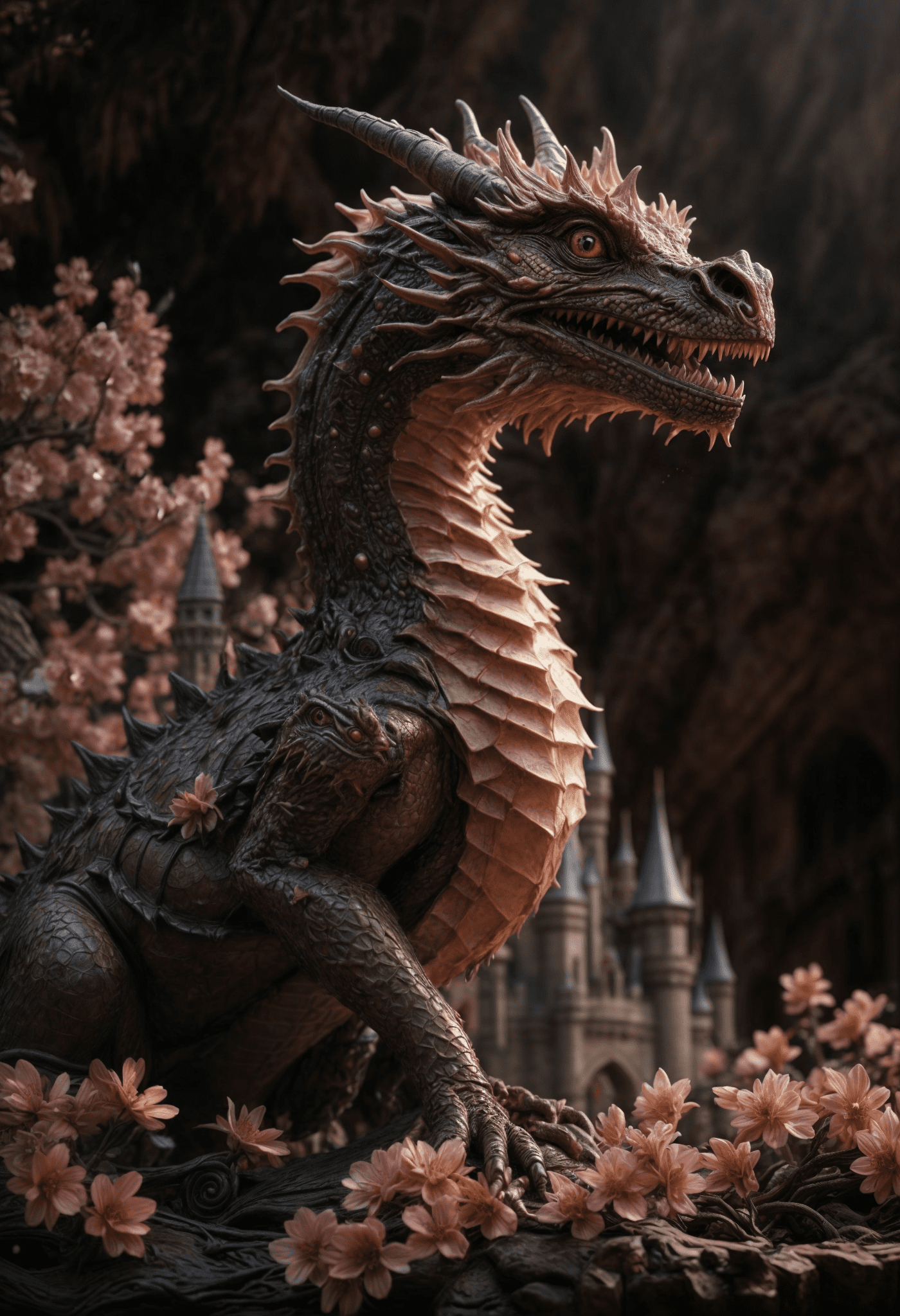 Sunkissed action scene landscape lurking in shadows ultra detailed scales insanely detailed intricated chiaroscuro, complex lights and shadows, luminism, contoured, surrealism, castle, sky, close up cinematic dot oil masterpiece by shaddy of a close up gracious iridescent giant transparent vivid ghostly happy dreamy dragon imp creature, filled with detailed tiny sakura flowers inside fully transparent body, expressive glowing spring insanely detailed, anatomical, unmaterial, looking in camera, sky, sleek, modern. , fairytale, fantasy, by andy kehoe, water drops, dynamic pose, tender, soft pastel colors, octane render, soft natural volumetric light, atmospheric, sharp focus, centered composition, professional photography, complex background, soft haze, masterpiece. Animalistic, beautiful, tiny detailed
