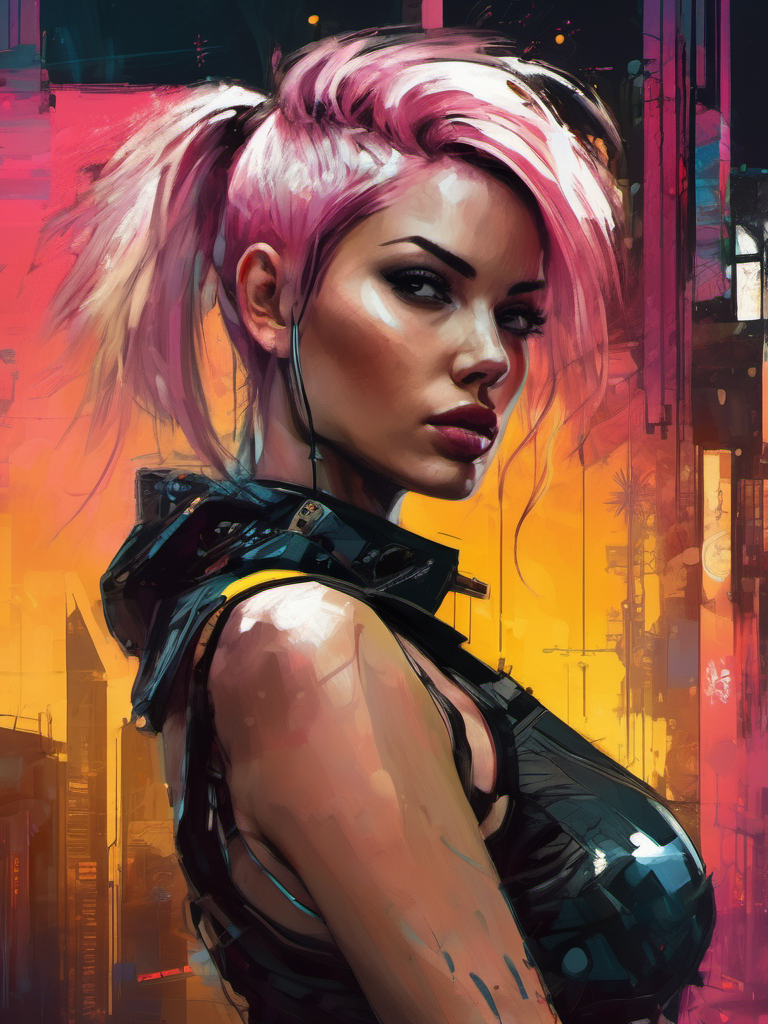 Digital wallpaper portrait a lady in cyberpunk world, from side, looking at the viewer, [blond hair | pink hair] , serene facial expression, detailed, sharp focus, 4k, badass, narcissistic, digital art, painting style, hyperrealism, dramatic, high quality, unforgettable, very intricate, by milo manara and russ mills