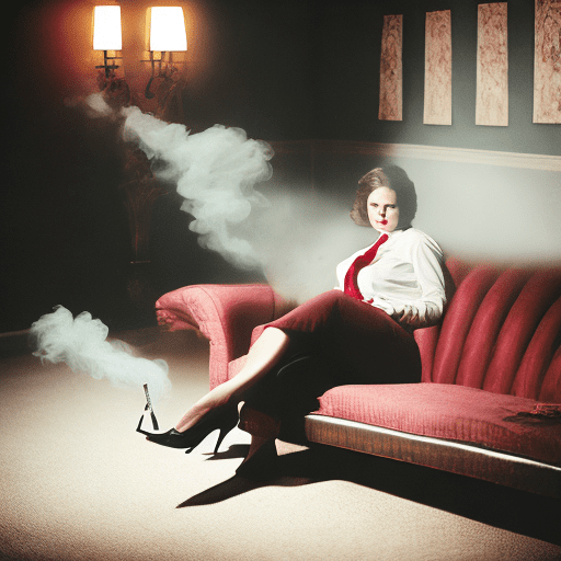 Photography, dimly lit room with a hazy atmosphere, capturing a female figure lounging on a deep crimson color rustic couch, wearing a black suit and white shirt with loose blue tie, arm resting on hers bent knee, hand holds a glowing cigarette, creating a trail of hazy smoke that wafts around her, illuminated by a beam of light from an unseen source off-camera, light filters through the deep smoke, casting dynamic patterns and giving the scene a moody, dark atmosphere, cinematic quality resolution, air of contemplation in hers posture and the ambient glow contributes to the intimate and introspective mood of the portrait, high contrast --ar 9:16 --style raw --s 400