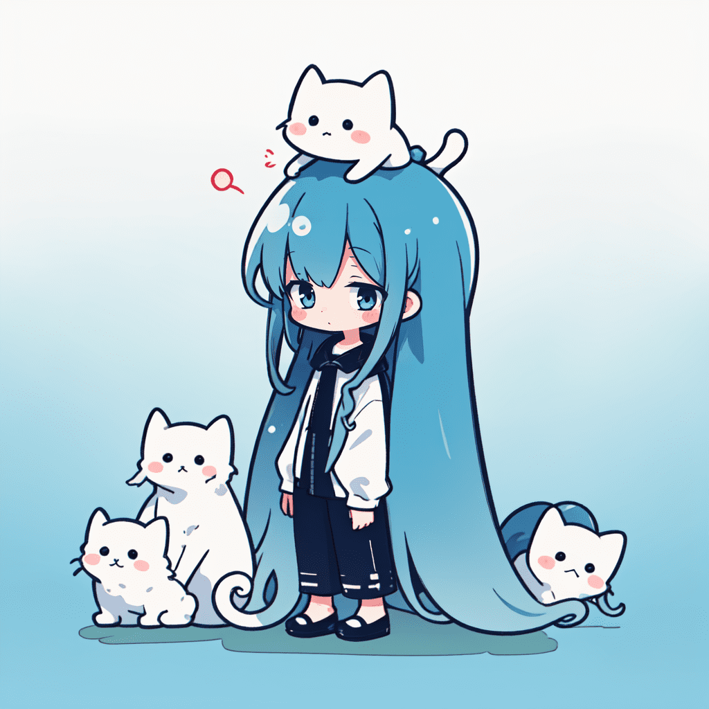 Best quality, teal theme, outline, (chibi:1. 2) , (absurdly long hair,gradient hair:1. 2) , cat on head,