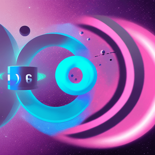 Minimalistic, three-body problem, planets with rings, cyberpunk pink and blue colors, resembling a letter u, space grey colored background