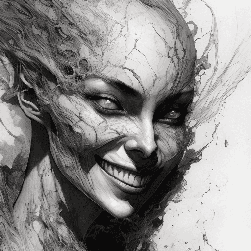 Portrait of a demonic female with her skin turning into liquid while she smiles, pen and ink, intricate line drawings, by craig mullins, ruan jia, kentaro miura, greg rutkowski, loundraw, dishonored inspired, octane renderer, hq, 8k --ar 1:1