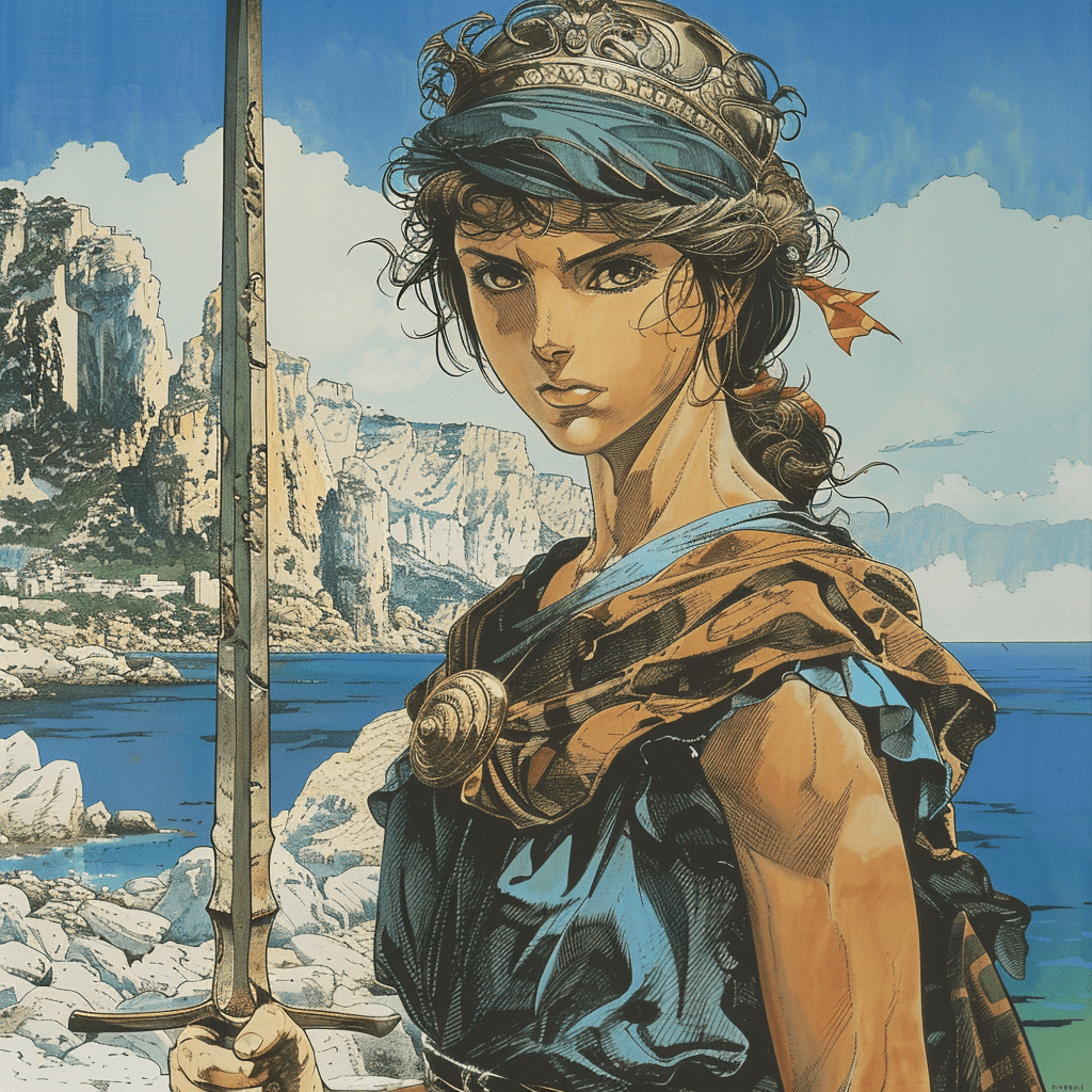 Female greek muse with a sword. Mediterranean background. Live colors. Anime art by yutaka minowa, yoshiaki kawajiri. 1989 --v 6. 0