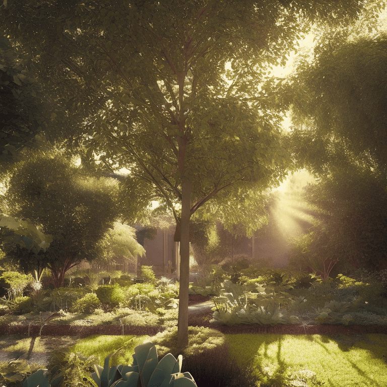 High resolution photography interior design, a peaceful garden at dawn with soft sunlight filtering through the trees. A gardener enters with a watering can, ready to tend to the plants. Cozy atmosphere; 8k, intricate detail, photorealistic, realistic light, wide angle, kinkfolk photography, a+d architecture
