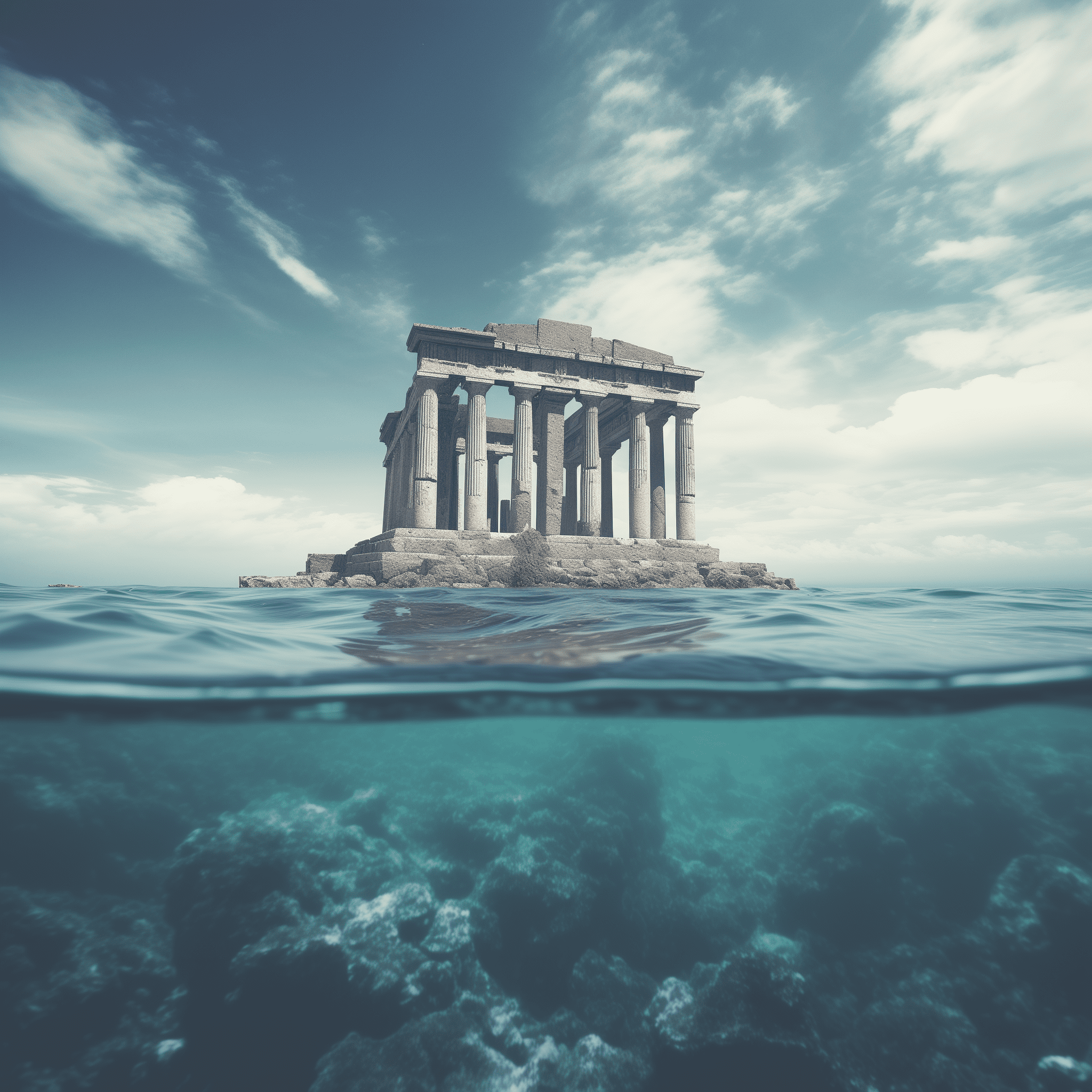 Greek temple floating in the middle of the sea, shot on kodak film stock, realistic photo, cinematic in the style of frank frazetta. --v 5. 2 --style raw