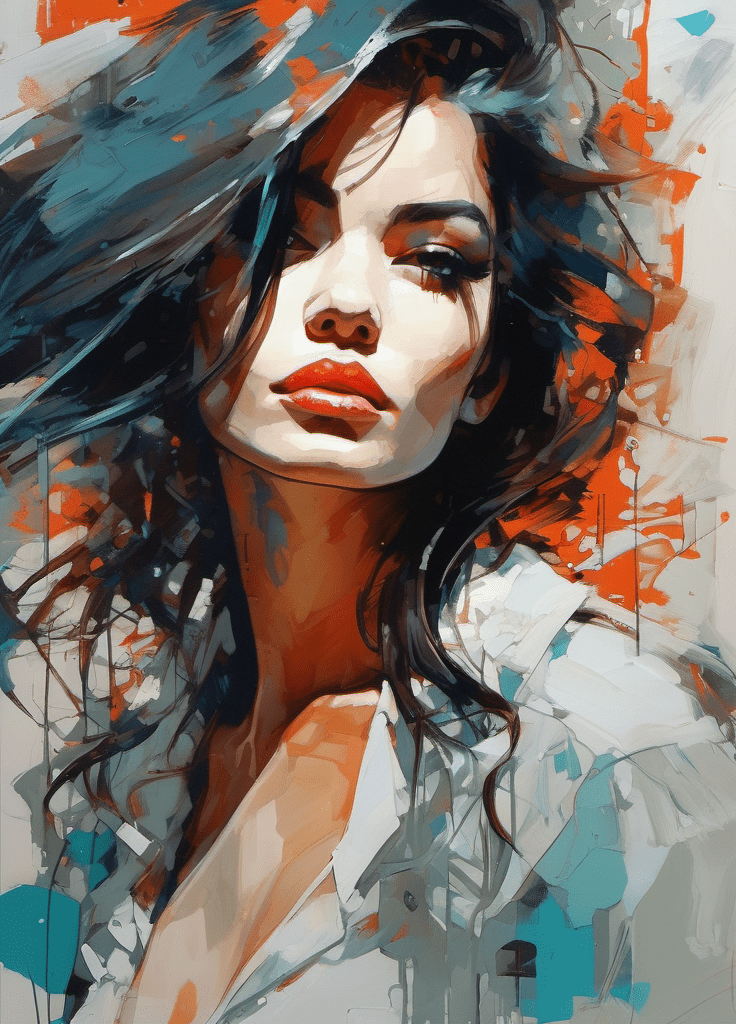 Oil painting of a fashion model, heavy strokes, textured, by kaethe butcher, greg tocchini, hajime sorayama, jeremy mann, carne griffiths, digital illustration, perfect eyes, long hair, elegant, calm, confident, seductive, expressionism, very intricate