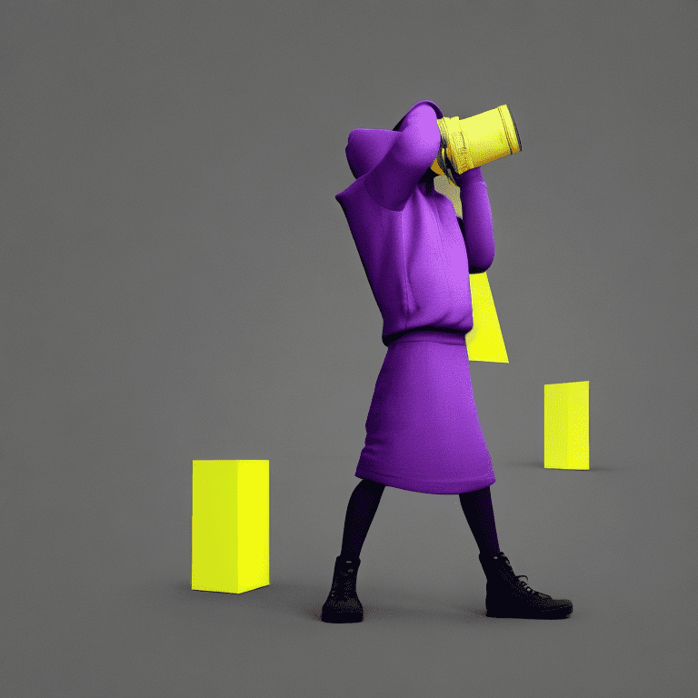 Job, young guy, hoodie, search, yellow binoculars in hand, purple monochrome background, 3d illustration, render, 1:1