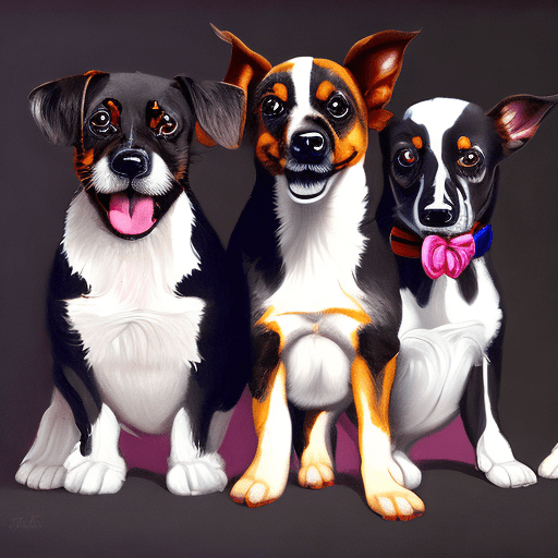 A trio of adorable dogs is depicted in a realistic painting on a black background. The dogs are incredibly cute and display high dynamic range, vivid colors, rich details, clear shadows and highlights, enhanced contrast, and high levels of detail. The image beautifully captures the essence of these dogs, elevating their cuteness to a whole new level with its exceptional quality and attention to detail.