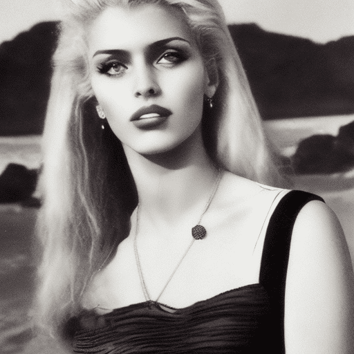 A woman in a black dress posing for a picture, italian beach scene, small blond goatee, eighties look, dolce & gabbana campaign, alluring face with full makeup, wearing dress, paolo veronese style, photo still of, 18 years old , from italica, ameera al taweel, long luxurious light blond hair, old photobook, aged photo, young--v 5. 2 --ar 3:4