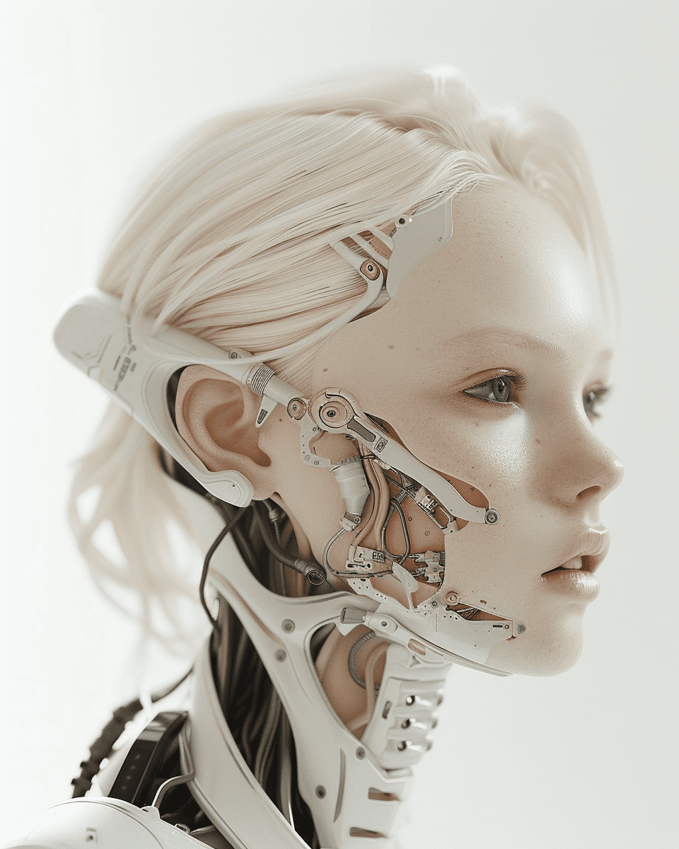 A photo of an attractive blonde woman with visible robotic elements in her face and neck. She has white skin that is glowing slightly. Her eyes have black ink instead of brown, which adds depth to them. The background should be pure white, focusing attention only on her and the minimalistic details she's displaying. --ar 4:5 --v 6. 0