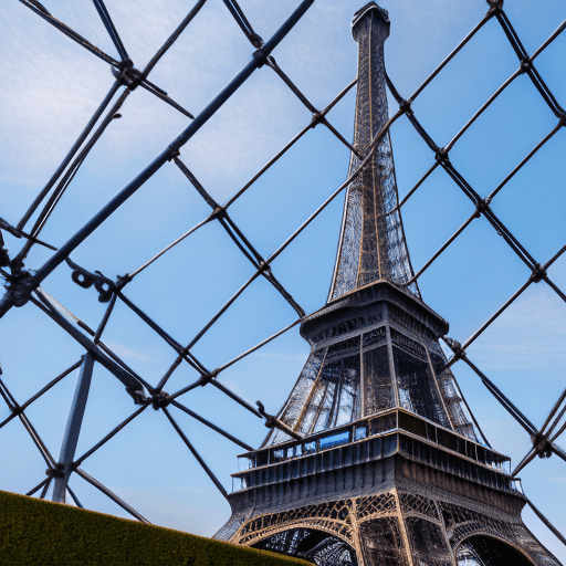 Picturesque eiffel tower in paris, elegant iron lattice structure against the blue sky, tourists enjoying the panoramic view from the top, photography, sony a7r iv with a 35mm lens, --ar 16:9 --v 5