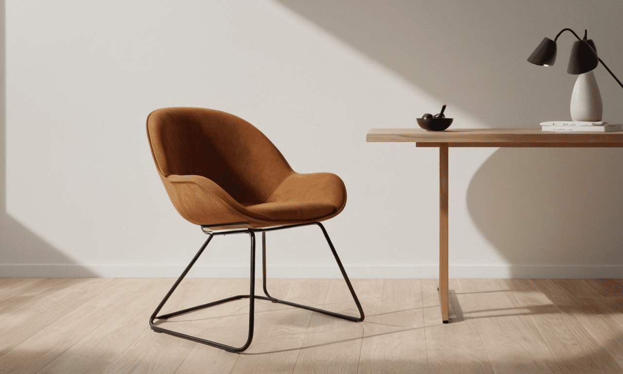 Minimalistic modern stylish chair mockup on a minimalist background, with soft shadows and a touch of natural light. Showcase the product's ergonomic design in a 3d perspective view, realistic and detailed