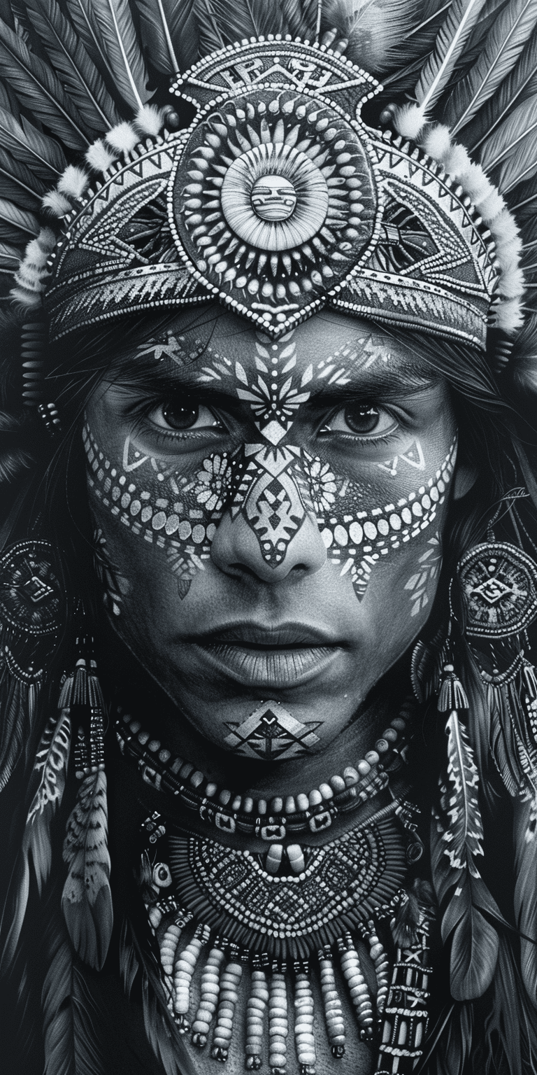 A tattoo design of an aztec indian in full headdress with intricate patterns and designs, in the style of a drawing in pencil on paper, high contrast, bold lines, rich colors, white background, highly detailed shading. --ar 1:2 --stylize 750