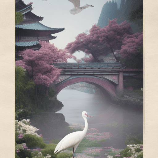 There is a bridge over the valley and a white crane passes through the center of the flower paper. Korean style of ilwolobongdo, high detail, octane render, 8k