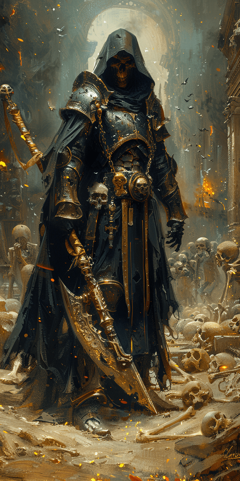 Painting in the style of a dark fantasy artist of the grim reaper fighting in full plate armor, swinging an extra large scythe made of bones and skulls, gritty dark fantasy, inside an old, dark fantasy city filled with bones and skeletons, wearing a black hooded cloak with gold trim, skull mask --ar 1:2 --stylize 750