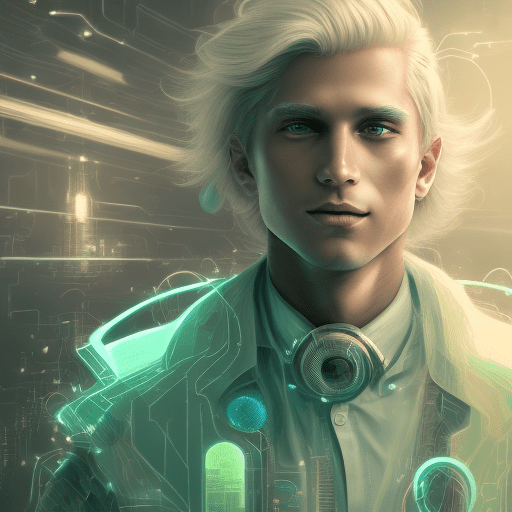 An illustration of a charismatic man with platinum blonde hair, in the style of papier-collé, thomas ascott, a charming smile and magnetic presence, photo-edited, cyberpunk genre, electric green --ar 48:85 --niji 5