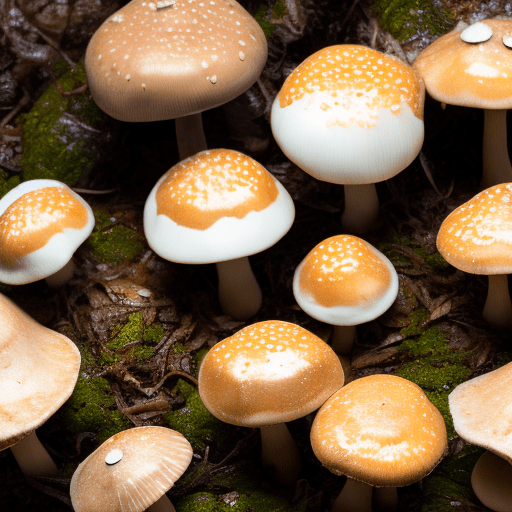 Photo close-up lens looking down at mushrooms shiitake mushrooms in the forest there is morning dew drizzling light source shines from top to bottom mushroom umbrella has light-transmitting effect