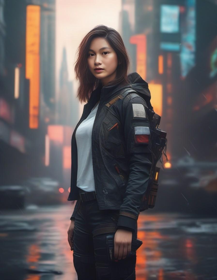 (masterpiece,best quality, ultra-realistic, 32k, raw photo, detailed skin, 8k uhd, high quality:1. 2) , street grunge style portrait of a young beautiful cyberpunk woman, messy long hair, revolution, riot gear, cyberpunk city background, megacity, sunset, paint style of mike winkelmann, high detail, digital art