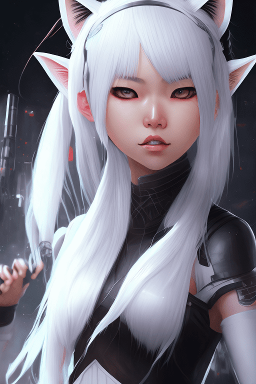 Asian girl, sith lord, white hair, cat ears, hyperdetailed, masterpiece, 8k, dynamic pose, immersive background, depth of field,