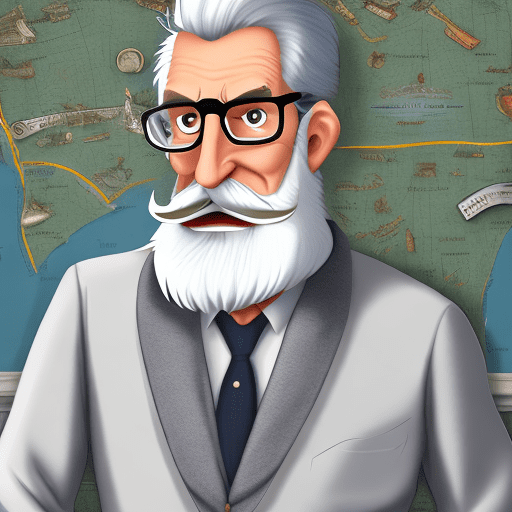 In the style of pixar movies: middle-aged man with very short gray hair, closely trimmed white beard, glasses, tall, wiry dressed in a modern and elegant outfit. Evil but with a mischievous and disdainful smile. Elegant, he has a natural attraction, looking at the camera, full length, in the background you can see a map of the earth with some red crosses in important cities. In the style of pixar movies very realistic, highly detailed, intricate, --5:3 --v 6. 0