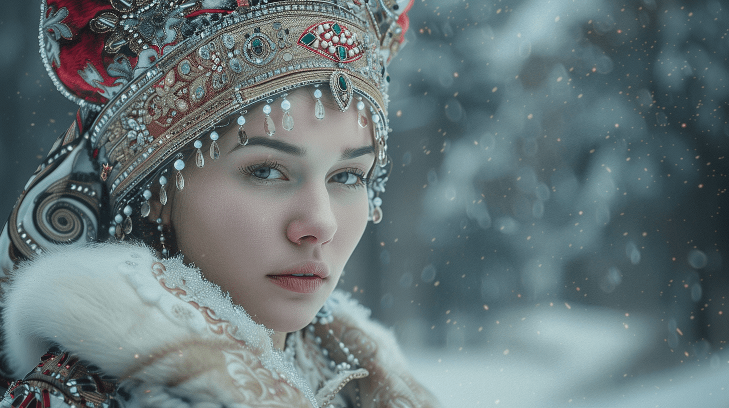 Winter in russia, a beautiful 30 year old russian woman wearing traditional sarafan and intricate kokoshnik headdress adorned with jewels, each piece reflects a fusion of tradition and style, embodying the wearer’s identity and status. --ar 16:9 --stylize 50
