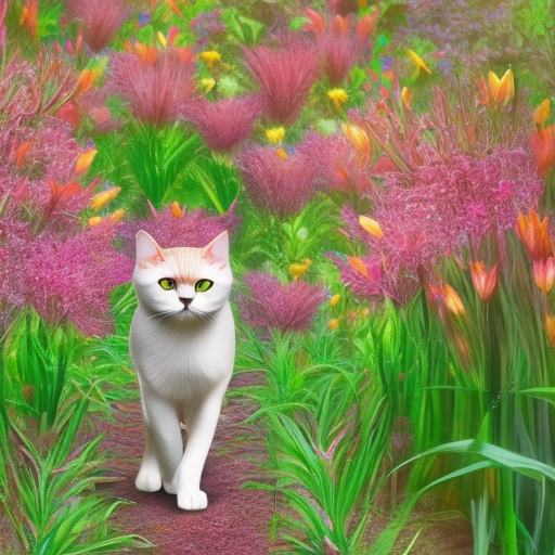 Beautiful exotic cat walking on 2 legs through a glowing lily field. The lilies have pastel colors.