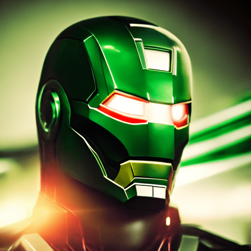 Cinematic film still awardwinning photo, portrait of a superhero who is a fusion of iron man and green lantern, shallow depth of field, vignette, highly detailed, high budget, bokeh, cinemascope, moody, epic, gorgeous, film grain, grainy
