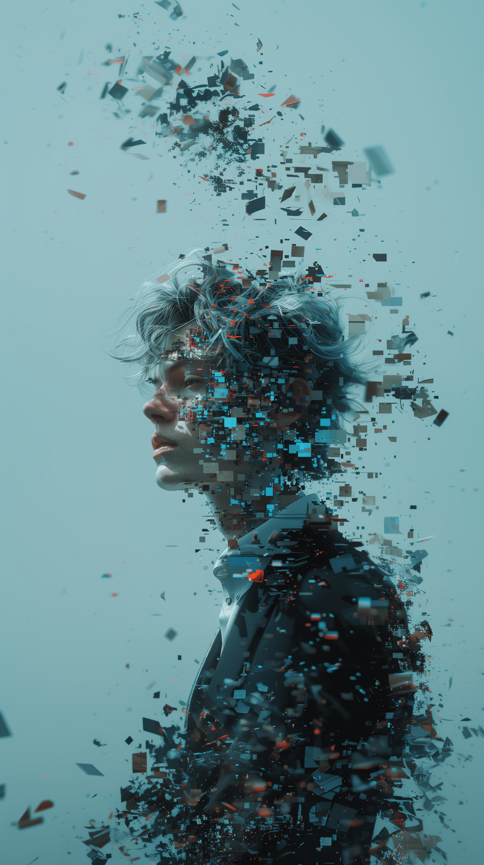 Hyper-realistic portrait of a man, solid grey color hair, styled in a contemporary look, wearing a minimalist black suit with white shirt, innovative digital effect where her face and body appear as if they are disintegrating into an array of floating, face is pixel-like gradation color mosaic collage expression, showcasing a transition from a real to a digital persona, the background is a muted blue, enhancing the futuristic theme, photorealism, uhd --ar 9:16 --stylize 500