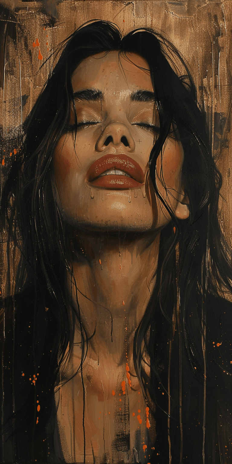 Surrealist painting of a beautiful woman with long hair, soft lighting, and warm tones, in the style of a surrealist masters, bold and expressive brushstrokes --ar 1:2 --stylize 750