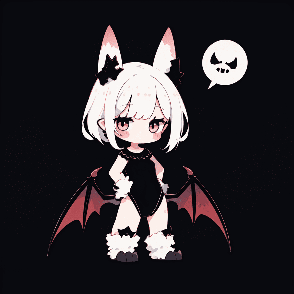 Best quality, monsterification, decadent, (solo,chibi:1. 2) , cute, monster girl, bat girl, bat ears, bat wings, emo fashion, black background,