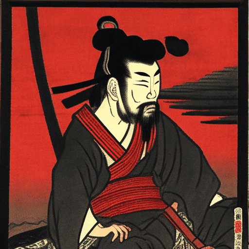 An old japanese painting of a lonely samurai sitting in front of a fainted fire that's slowly being consumed and there's some black smoke coming out of it, edo age, red sunset, a landscape